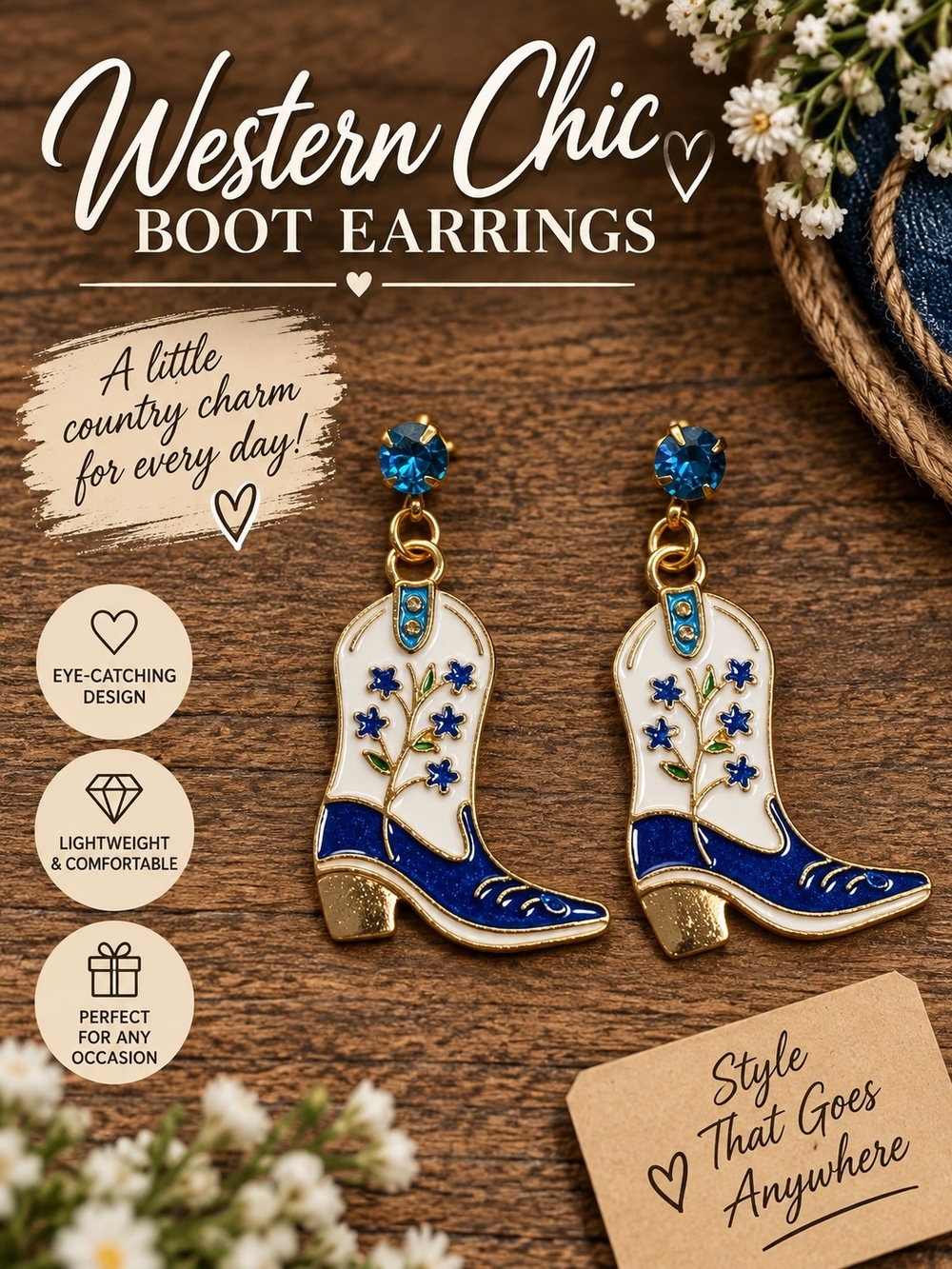 A93. Nicole Purest Essence Western Chic Boot Earrings Blue & Gold NWT